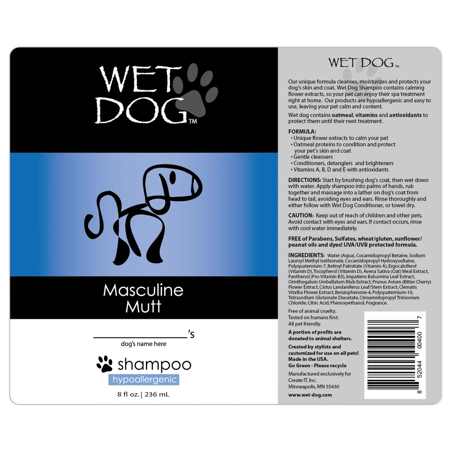 Wet Dog Masculine Mutt Calming Shampoo - Hypoallergenic Pet Grooming for Dogs