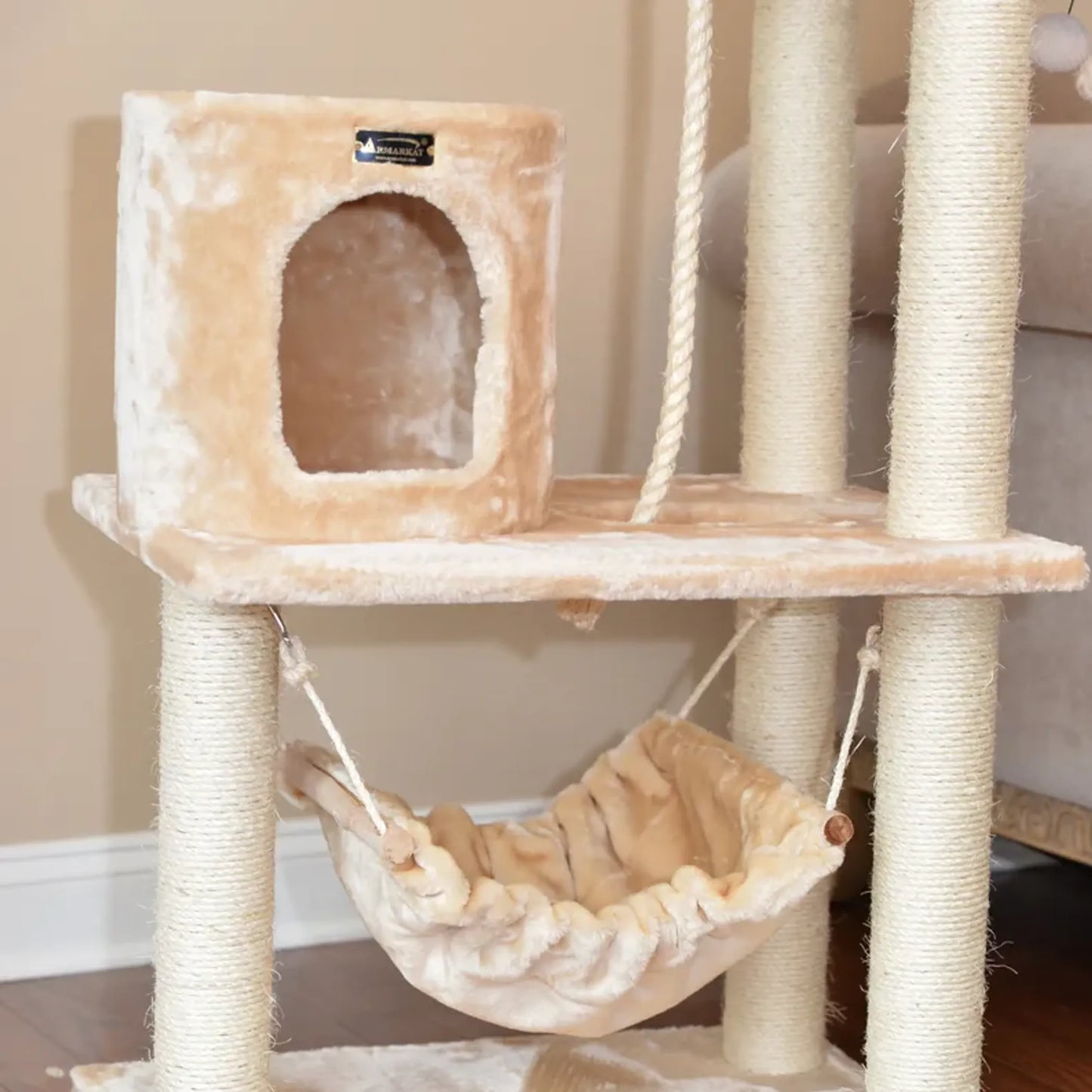 Real Wood Cat Tree with Hammock and Scratch Posts