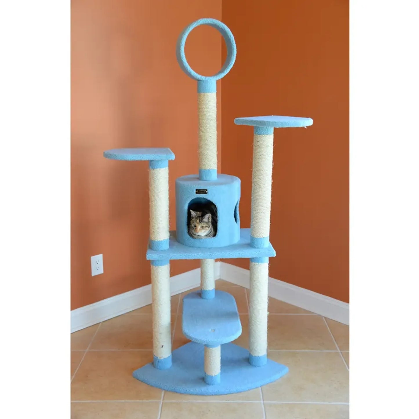 Real Wood Classic Cat Tree - Sky Blue, 5-Level Condo
