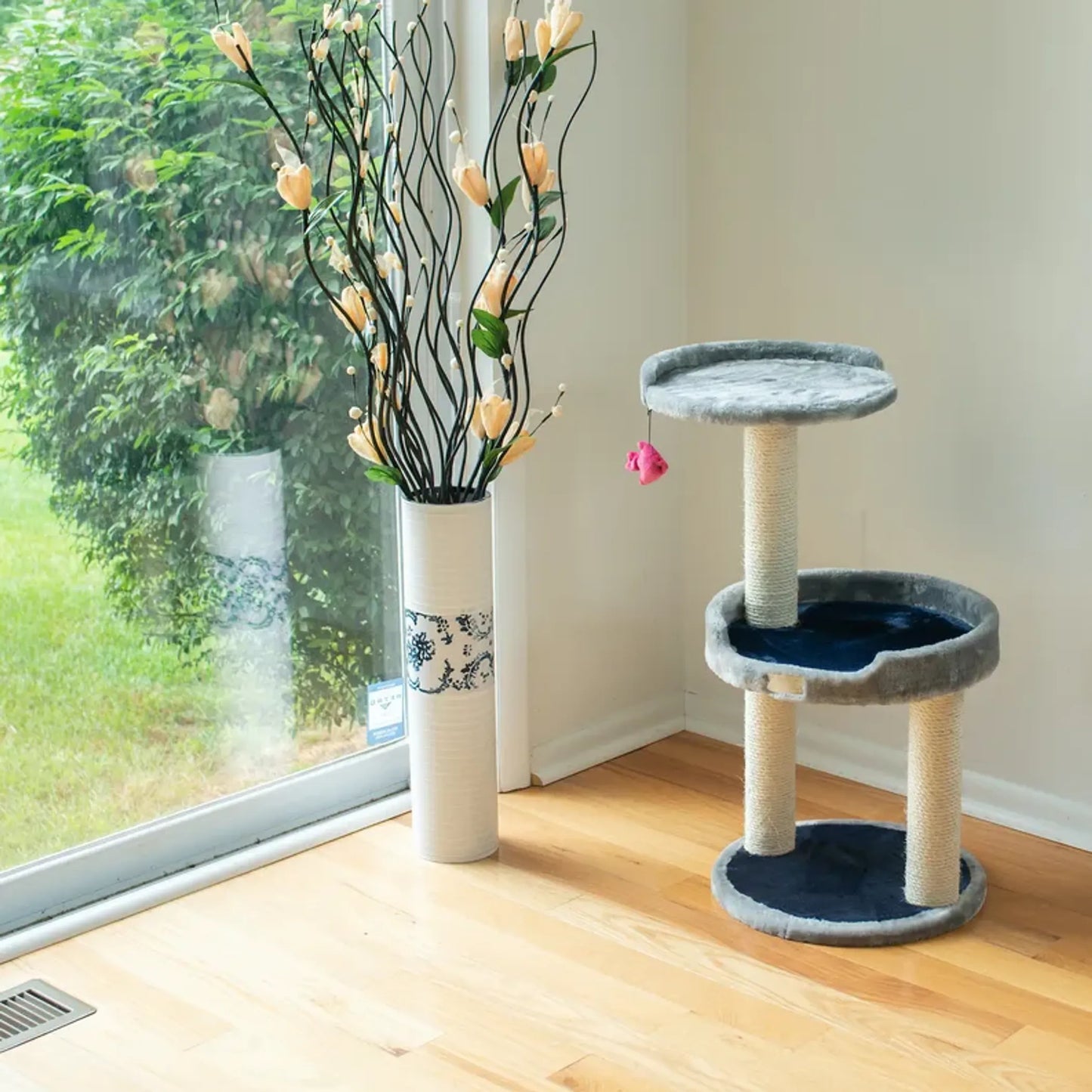 3 Level Real Wood Cat Scratcher with Plush Perch - Gray