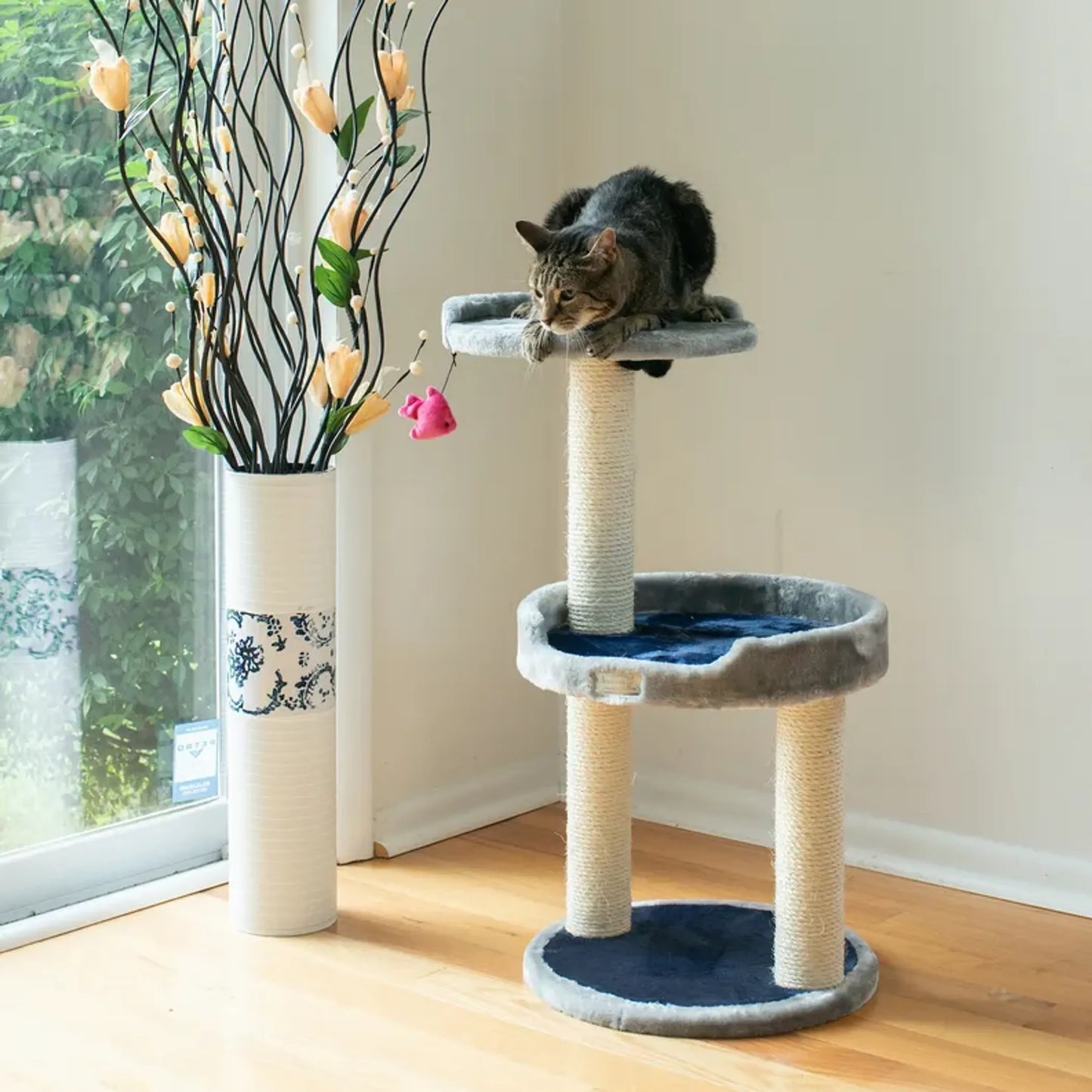 3 Level Real Wood Cat Scratcher with Plush Perch - Gray
