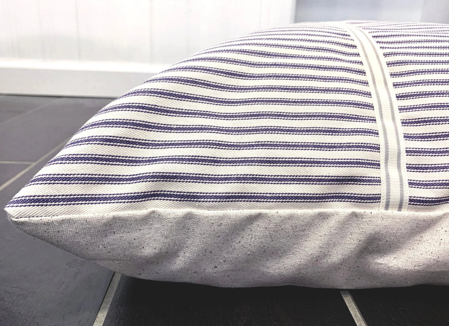 Vintage Farmhouse Navy Ticking Dog Bed - Comfortable and Stylish
