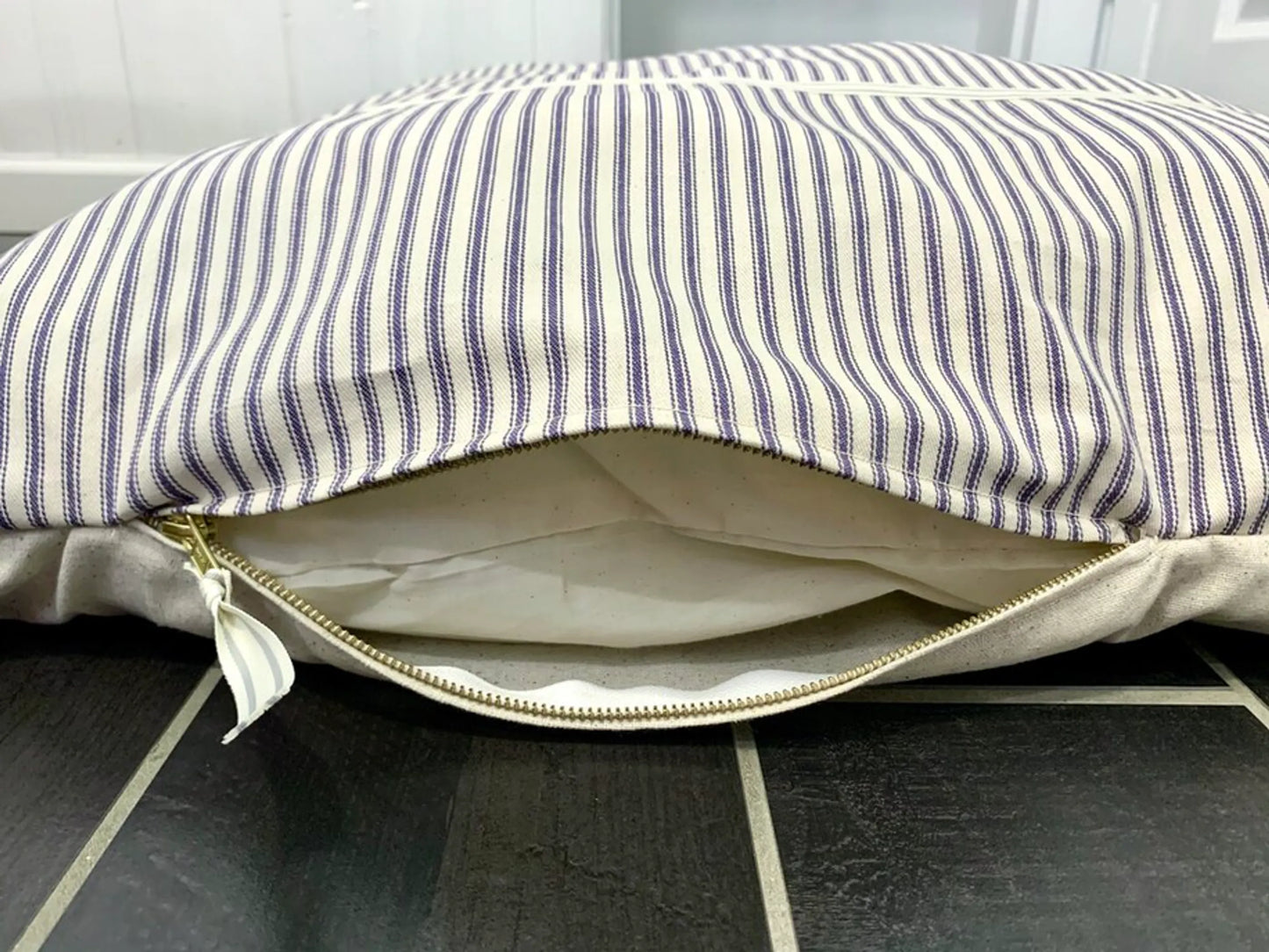 Vintage Farmhouse Navy Ticking Dog Bed - Comfortable and Stylish
