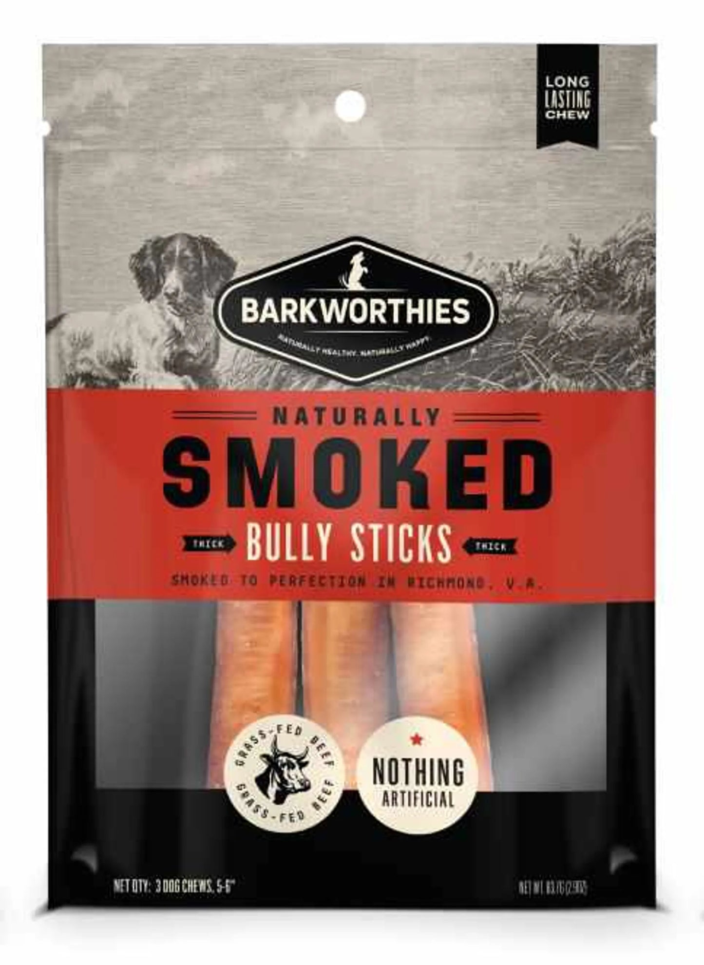 Barkworthies Smoked Bully 6 Thick 3pk - Natural, Protein-rich Dog Chew