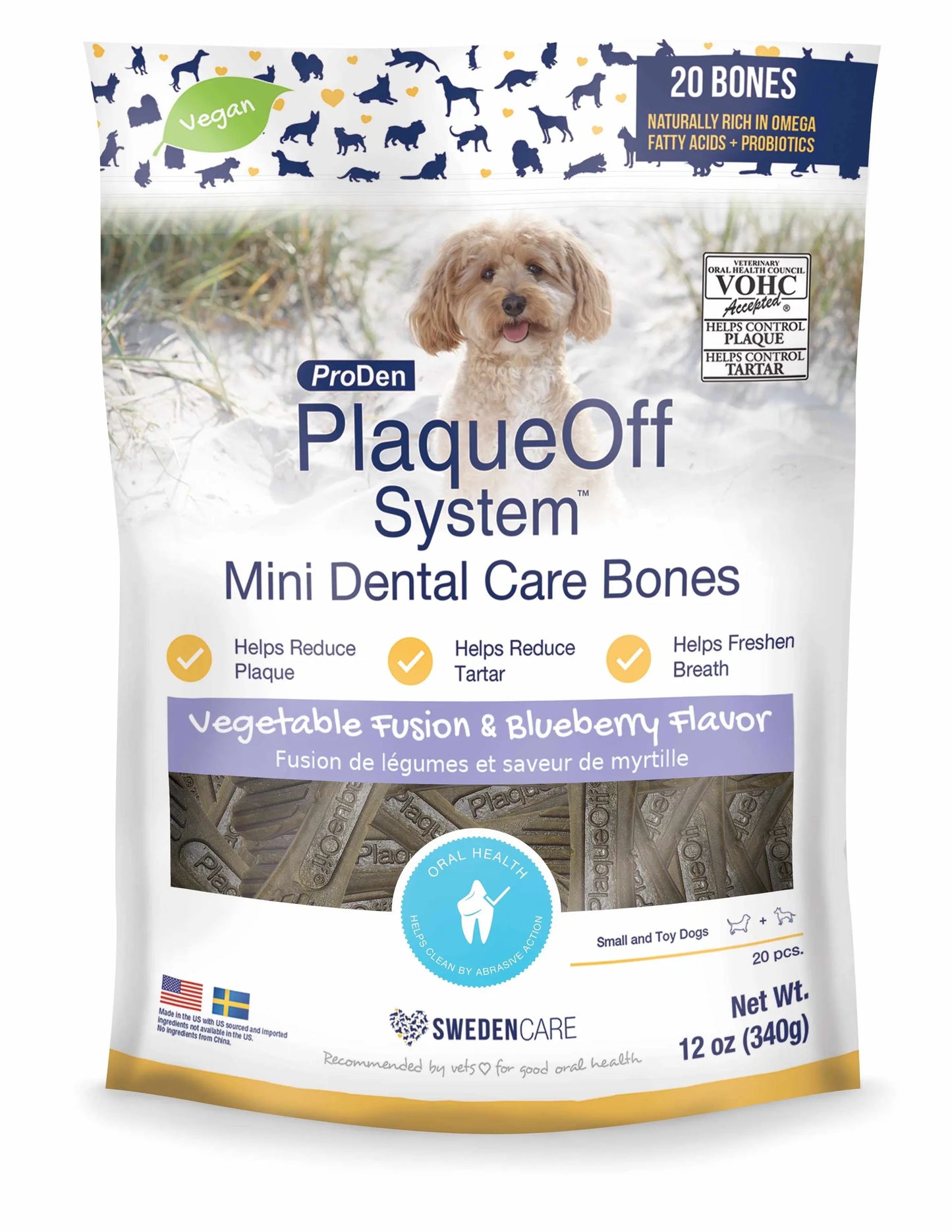 PlaqueOff Mini Dental Care Bones - Oral Health Chews for Small Dogs