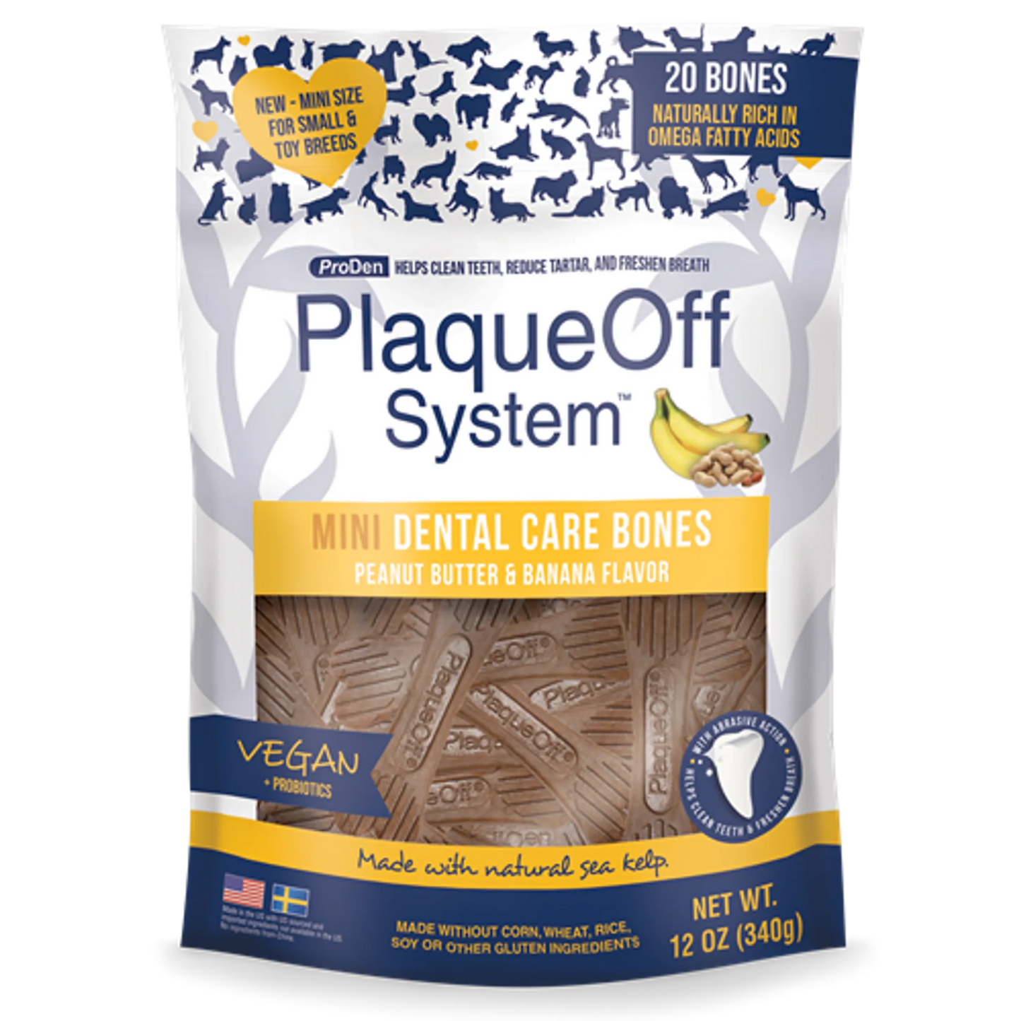 PlaqueOff Mini Dental Care Bones - Peanut Butter & Banana Flavor