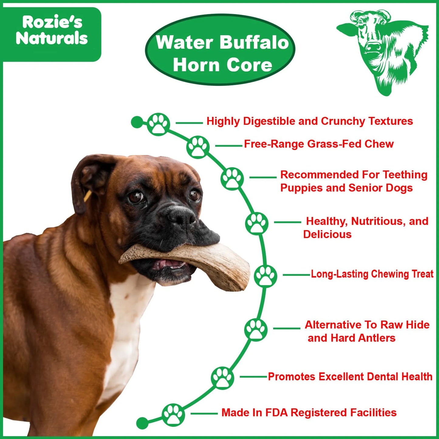 Natural Water Buffalo Horn Core Dog Treat - High Protein & Long-Lasting