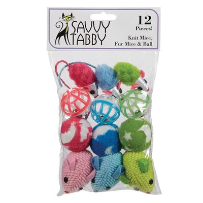 ST Knit Mice Fur Mice & Ball 12Pk - Engaging Cat Toys