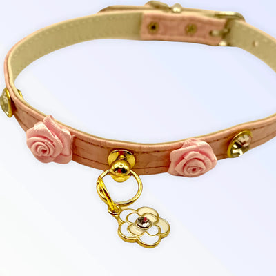 Romantic Day Vegan Leather Dog Collar with Satin Roses
