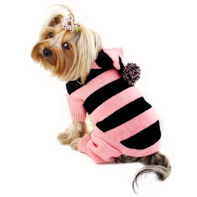 Stripy Bodysuit with Long Hoodie and Pompom - Adorable Dog Apparel