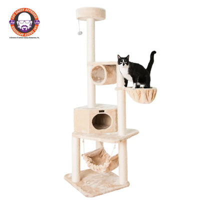 Multi-Level Real Wood Cat Tower with Lounge Basket and Perch