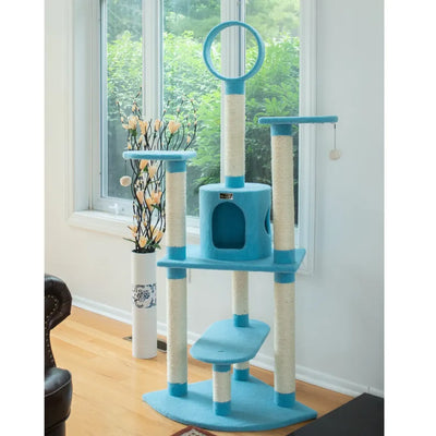 Real Wood Classic Cat Tree - Sky Blue, 5-Level Condo