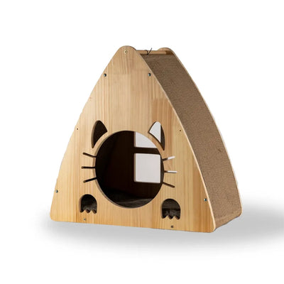 Medium Triangular Natural Solid Wood Cat Condo S2106 - Pet Playhouse